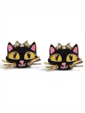 Betsey Johnson Black Cat Stud Earrings Crystal Crown Gold Tone NWT